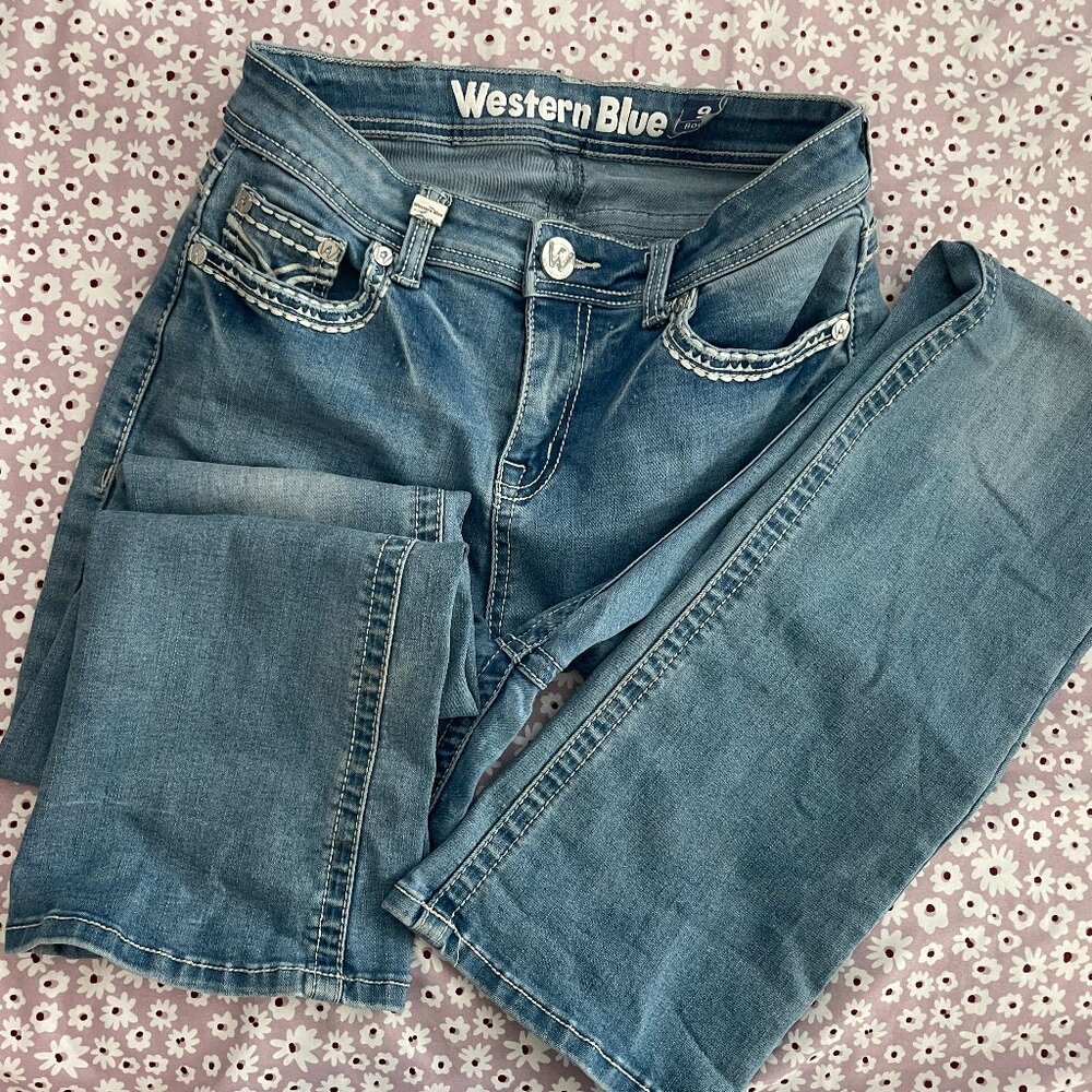 Western Blue Boot Cut Jeans With Bedazzled Butt Pockets